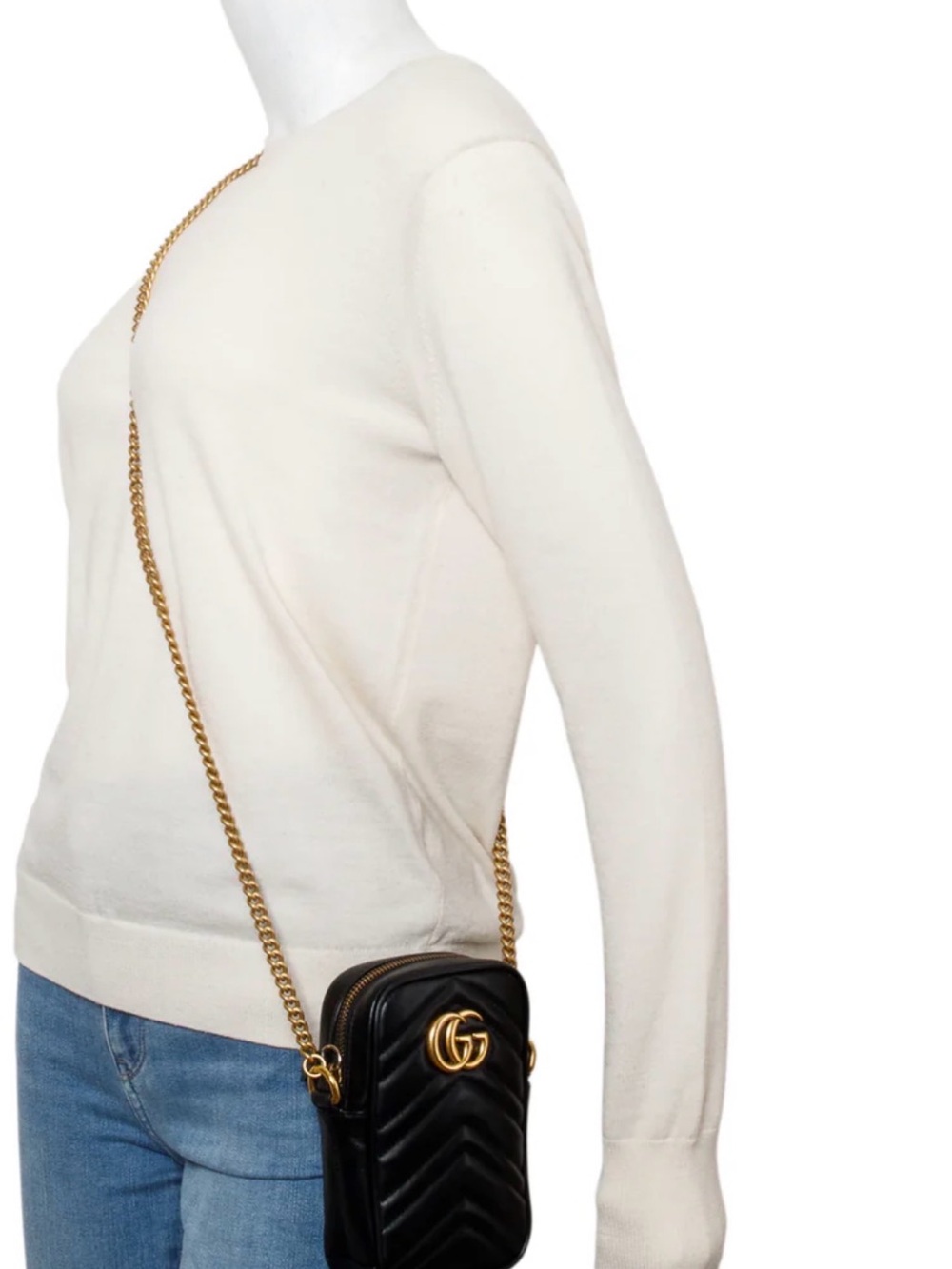 Gucci Black Chevron Leather Crossbody with Gold Chain
